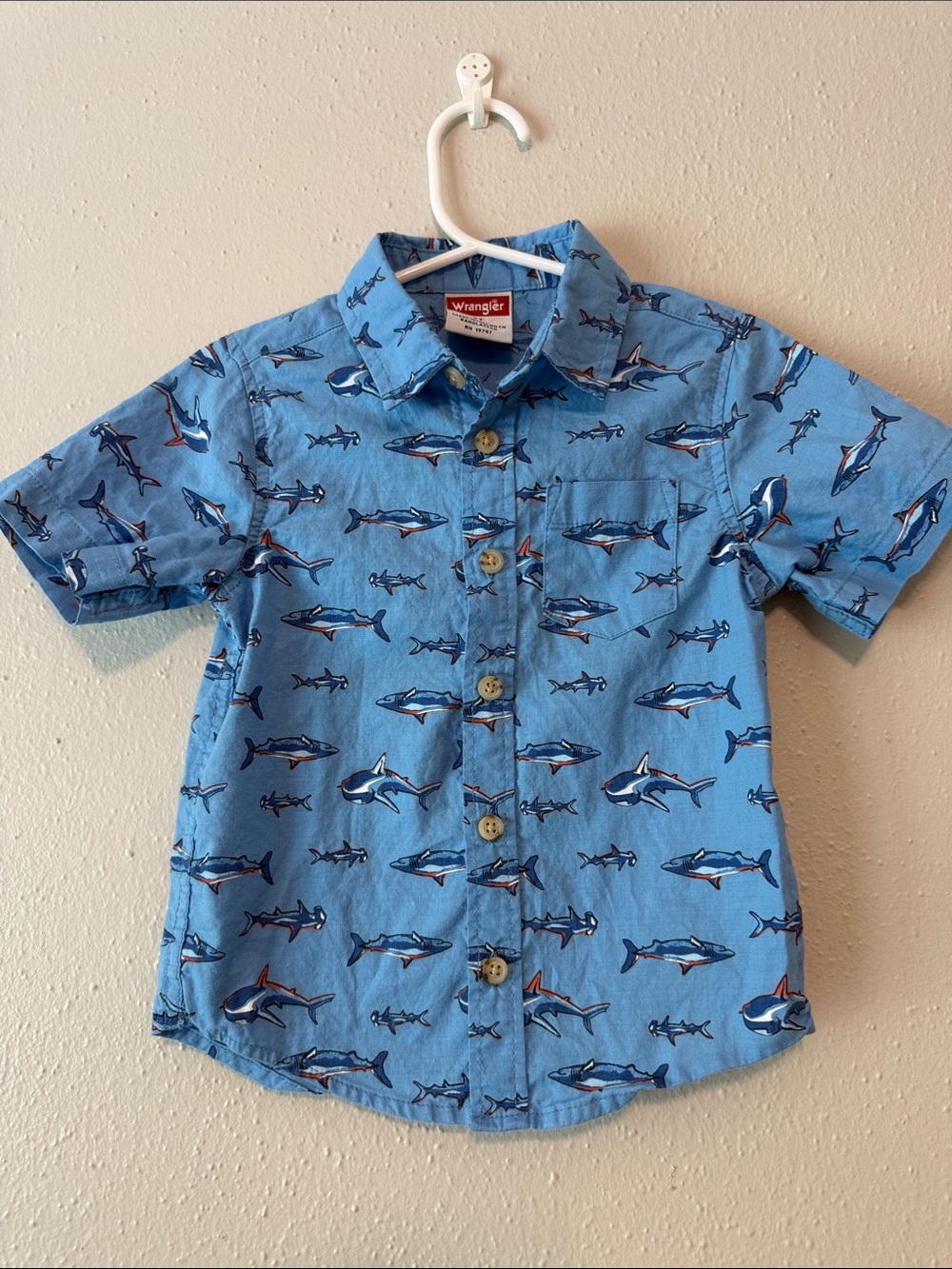 Wrangler Blue Shark-Print Short Sleeve Button Down Shirt